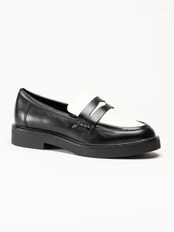 Marco Tozzi - Svartvita pennyloafers i skinnimitaiton