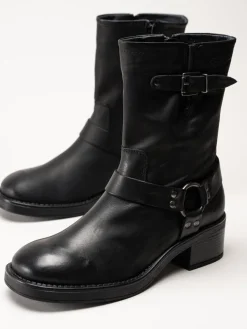 Rosa Negra - Svarta bikerboots i oljat skinn